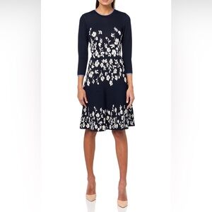 Vince Camuto Floral Jacquard Navy Fit & Flare midi dress, sz M
